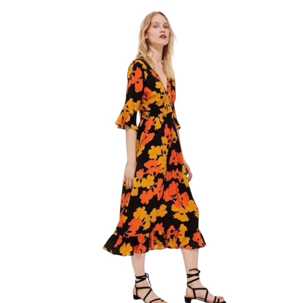 TOPSHOP Black Orange Mustard Fall MIDI Dress Sz 6 S